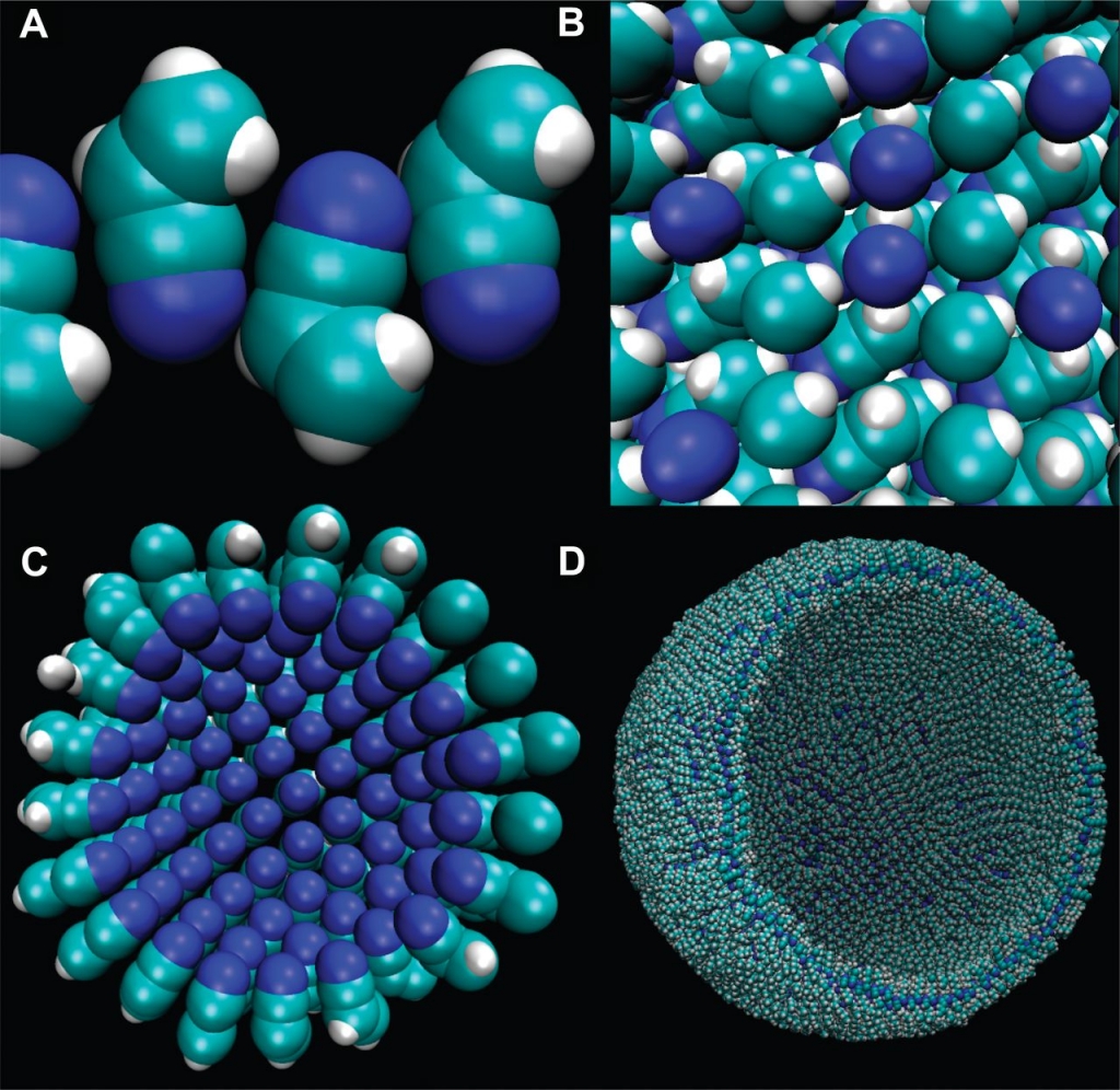 (A) Азотосом. (B) Молекулы вместе. Мицеллы. (D) Пузырек Азотосома в разрезе с диаметром 90 Å